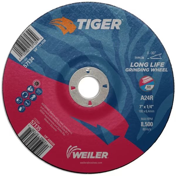 7 in Dia, 1/4 in Thick, 7/8 in Arbor Hole Size, Aluminum Oxide, Weiler, Mfr#: 57135